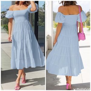 ZESICA Square Neck Short Puff Sleeve High Waist Ruched Swing A-Line Tiered Midi
